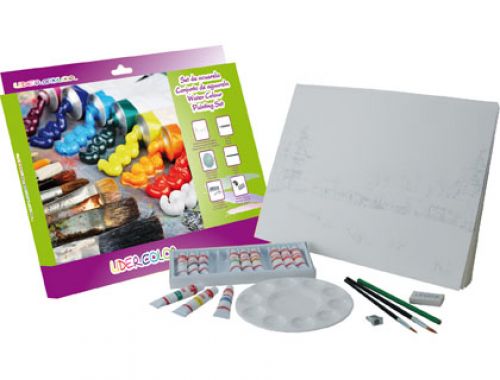 Conjunto aguarela lidercolor contm 10 folhas aguarela 27x38 cm 1 paleta plstica 12x12 ml 1 afiador 1 definidor 1 borra , Liderpapel , 43040 , 8423473144767